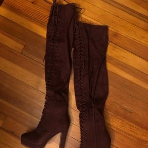 Bergundy thigh high lace up boots